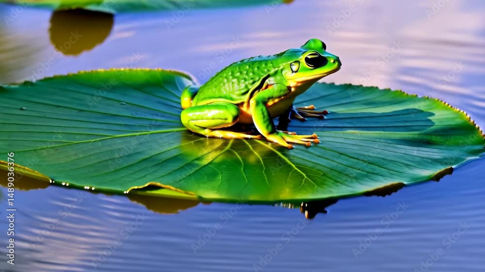 A vibrant green frog perches gracefully on a large lily pad floating in tranquil water under gentle sunlight