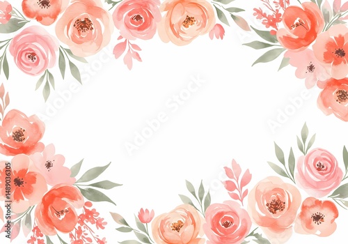 Elegant Watercolor Floral Frame Peach and Coral Roses with Greenery, Perfect for Invitations, Cards, and Digital Design Projects