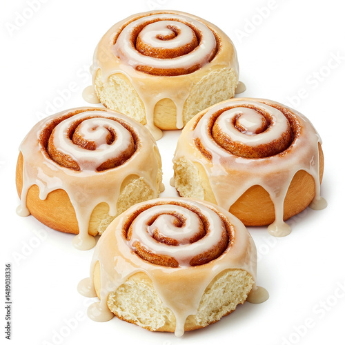 Glazed cinnamon rolls topped with icing, isolated on white, sweet cakes on white background