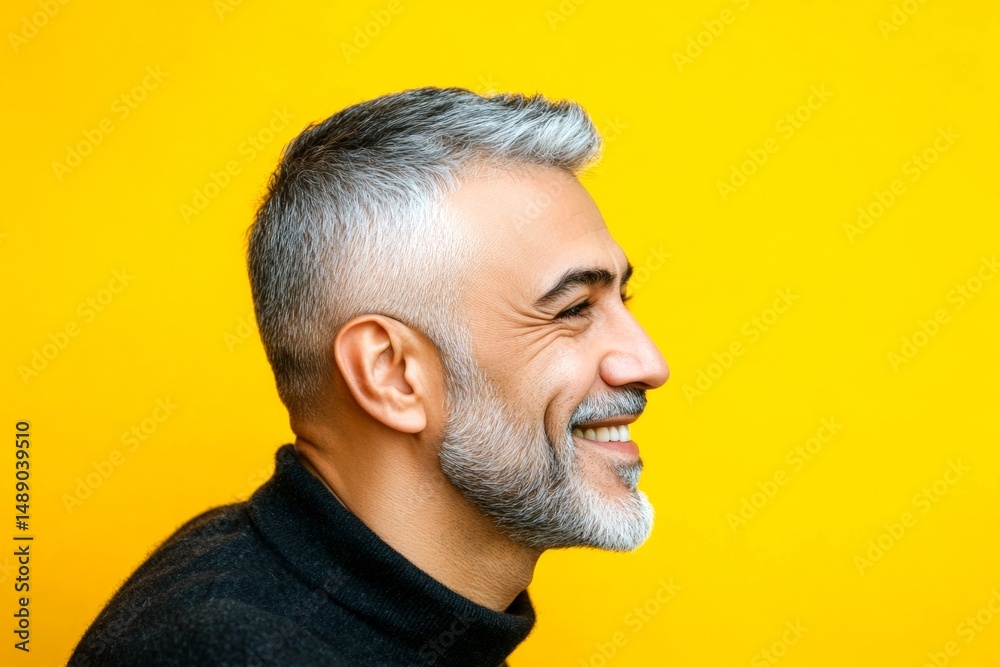 Visual idea of style for aging men. Classy men's buzz cut haircut - midlife middle eastern man with long hair. A graceful mature man with a modern hairstyle. Yellow solid background. Visual idea of style for aging men. Classy men's buzz cut haircut - midlife middle eastern man with long hair. A graceful mature man with a modern hairstyle. Yellow solid background.