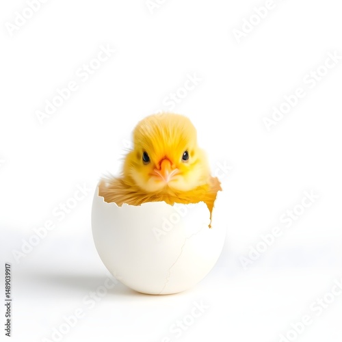 Fluffy Baby Chick Emerging from a Cracked Eggshell on White Background