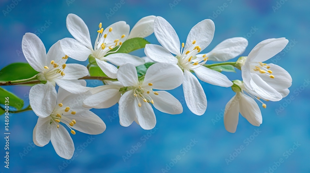 Fototapeta premium Delicate white blossoms on a branch against a vibrant blue backdrop.