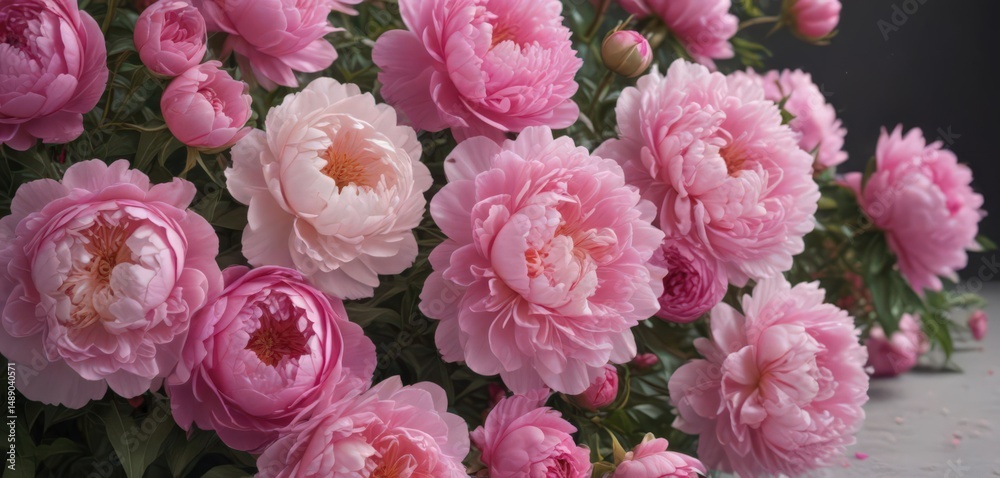 Luscious pink peonies and roses, abundant bloom  ample copy space , roses, blossom
