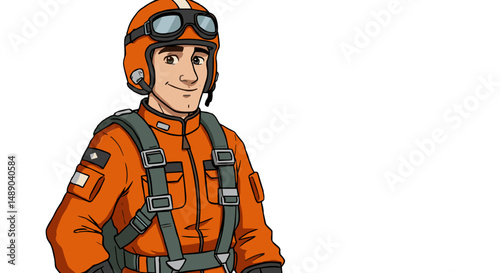 Cartoon rescue pilot in orange uniform with helmet and harness – emergency service character illustration