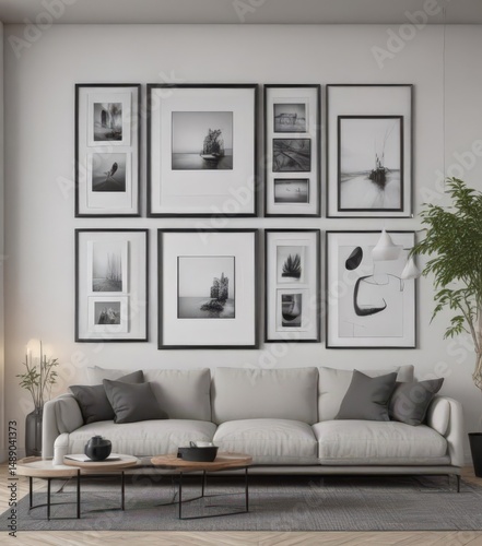 Minimalist living room, empty black frames on gallery wall,  photo frames,  house