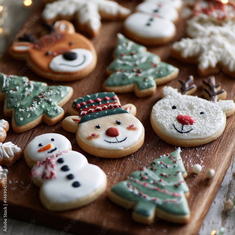 A delightful assortment of Christmas cookies, featuring festive designs like snowmen, reindeer, and Christmas trees, decorated with colorful icing.