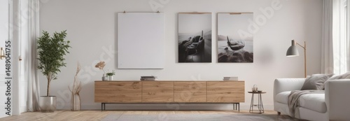 Modern living room, poster mockup on white wall, wooden clips, house, mockup