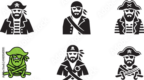 Pirate captain icons set black and green