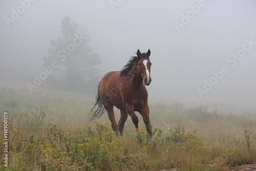 A brown horse with a white blaze on its forehead runs through a foggy field.