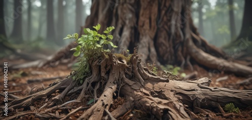 New life sprouts from decaying wood, a resilient sapling pushing through aged stump , decay, photography, upward