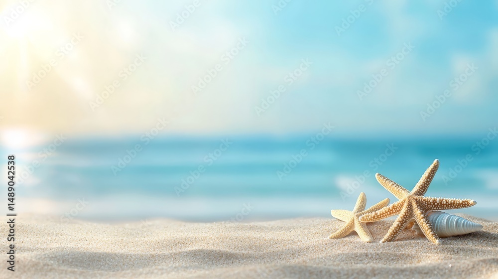 Starfish graces the sandy shore serene beach scene Starfish graces the sandy shore serene beach scene