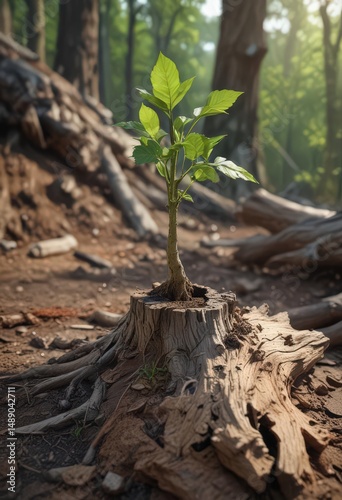 Young plant bravely pushes through weathered stump, showcasing resilience, vibrant, plant