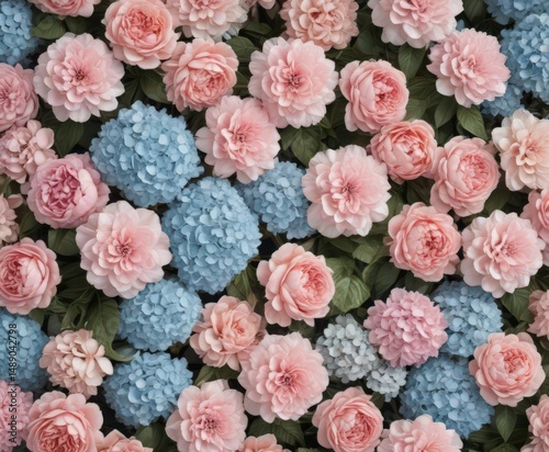 Pastel vintage rose, peony, hydrangea artificial flower wall backdrop,  detail,  bloom,  decoration