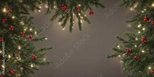Realistic coniferous branches, berries, and string lights, seamless repeat , evergreen, needle, glowing