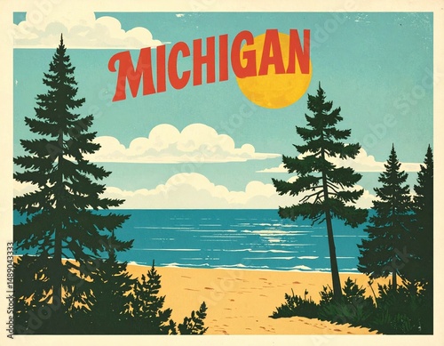 Vintage michigan travel poster: beach scene with pines and sun