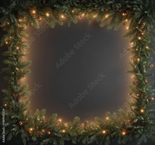 Repeating festive border with realistic coniferous branches and glowing lights , celebration, design