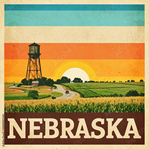 Vintage nebraska poster with water tower and sunset over fields