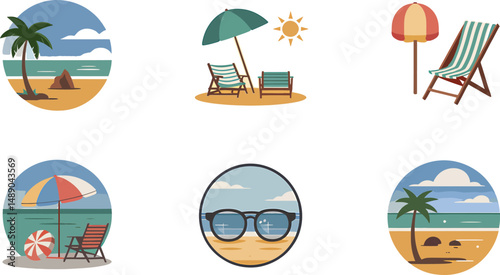 Summer vacation beach icons tropical paradise