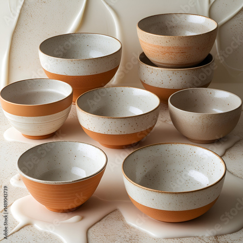 The item features spherical ceramic bowls in soft orange and beige, set against a white textured background.