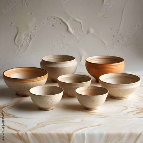 The item features spherical ceramic bowls in soft orange and beige, set against a white textured background.