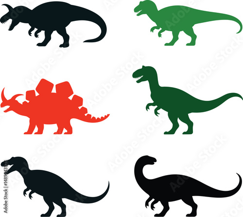 Colorful dinosaur silhouettes prehistoric animals set