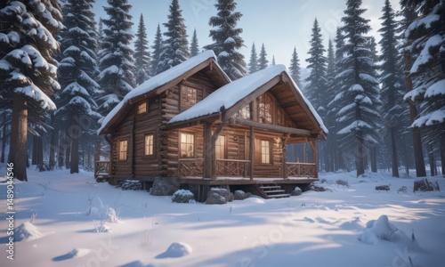 Scenic snowy cabin nestled amongst snow laden pines ,  stock,  art