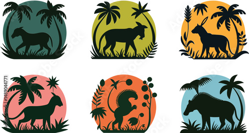 Silhouettes of animals in tropical landscapes