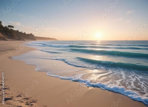 Serene blue ocean waves softly caress the sandy shore , coast, tropical, environment