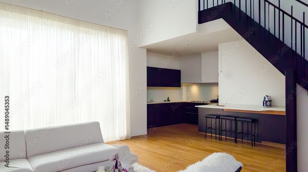 Fototapeta premium Modern, open-plan living area with a visible kitchen and stairs.