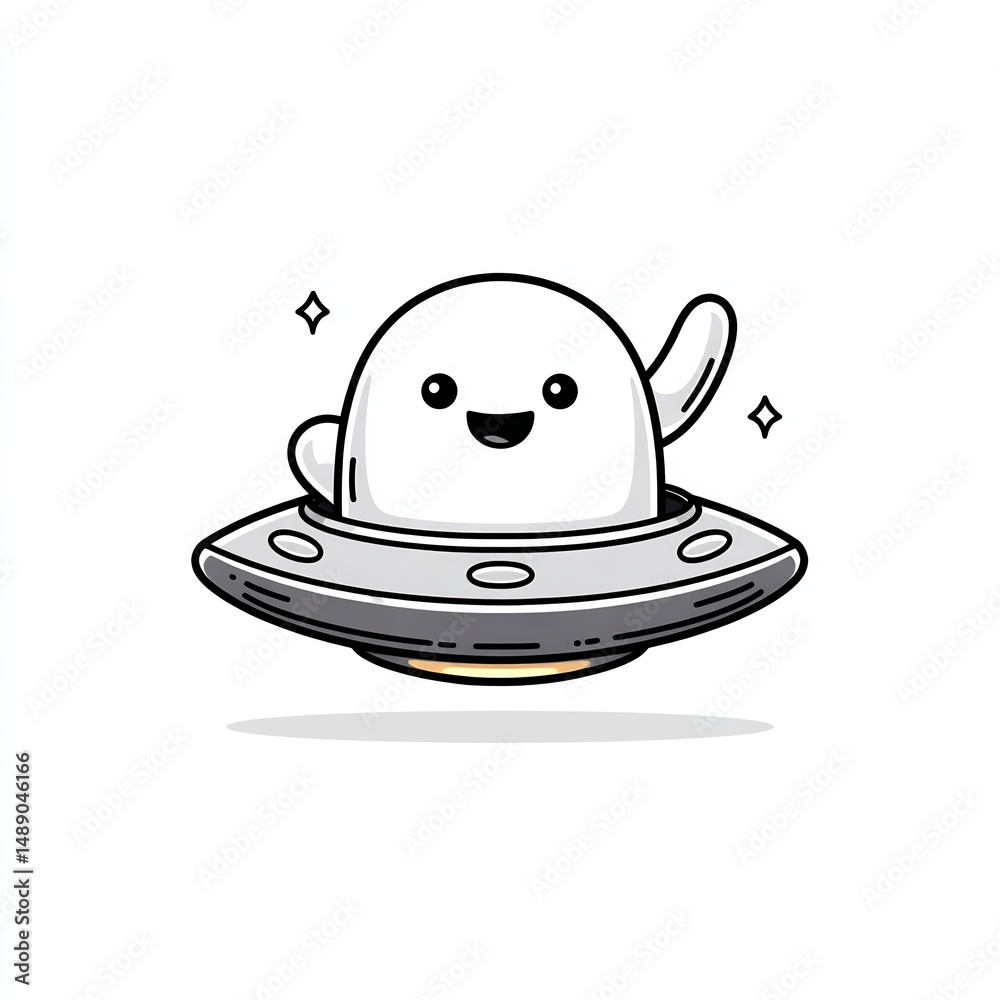 Fototapeta premium Cute Alien Waving from Flying Saucer