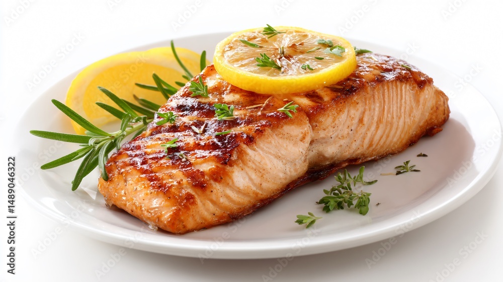 Delicious Grilled Salmon Fish Fillet with Fresh Lemon Slice on White Background Delicious Grilled Salmon Fish Fillet with Fresh Lemon Slice on White Background