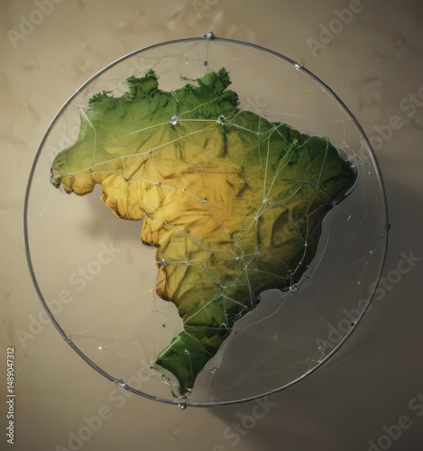 Stylized Brazil map with circular network, depicting national cohesion ,  visual,  nodes,  texture