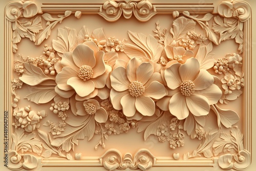 Wallpaper Mural Ornate floral carving design in light beige tones. Torontodigital.ca
