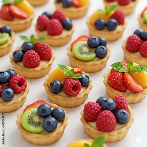 Mini fruit tarts topped with fresh berries and mint leaves, isolated on a clean white background, showcasing their colorful and fresh appeal.

