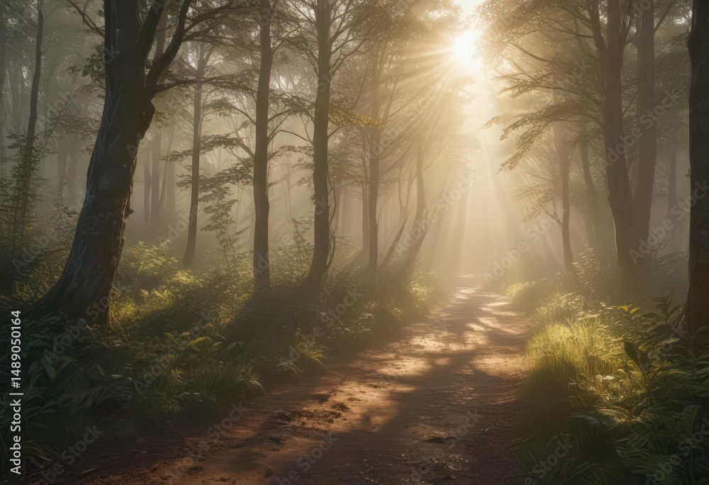 Obraz premium Sunbeams pierce misty forest, creating vibrant, golden path , wallpaper, tranquil