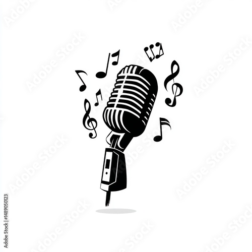 Stylized microphone with music notes, subject on a solid pure white background, Dark Outlined, no shadows, no texture
