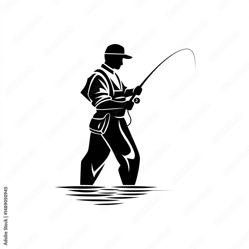 Obraz premium Person silhouette fishing with rod, icon