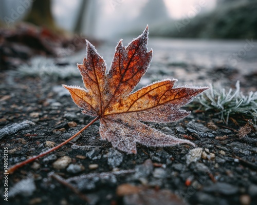A single frost-covered leaf rests on a gravel path, a serene autumn scene.