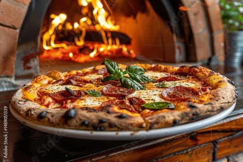 Delicious pepperoni pizza baking in a wood-fired oven