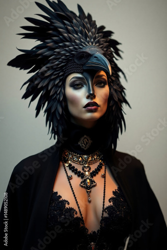 Surreal Crow Headpiece Fashion women Portrait – A Digital Artwork Concept On White Background.