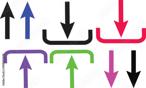 Mixed color directional arrows vector EPS infographic style pointer set with curved paths