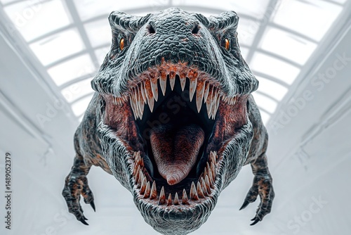 A ferocious dinosaur's menacing head and mouth.