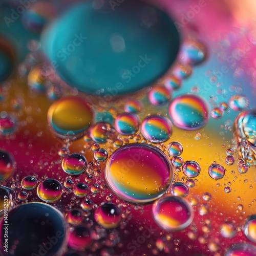 Vibrant abstract close-up of colorful oil droplets on water, creating a mesmerizing blend of teal, pink, and gold hues.