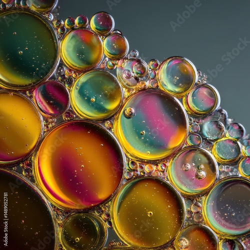 Abstract close-up of vibrant, iridescent oil bubbles.  A mesmerizing display of color and texture.