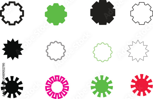 Spiked starburst shape icons vector  abstract label or badge elements in multiple colors.