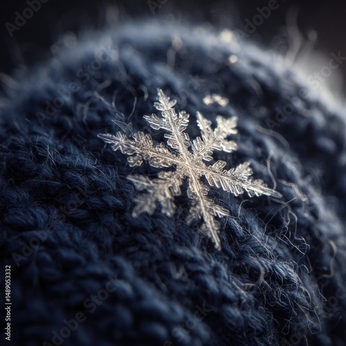 A single snowflake delicately rests on a dark blue knitted fabric.  The intricate details of the ice crystal are highlighted against the soft texture.