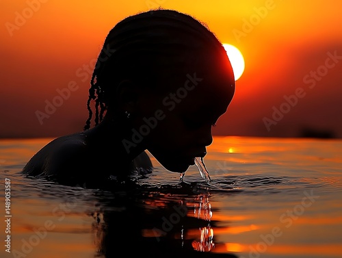 Silhouette child drinking water at sunset