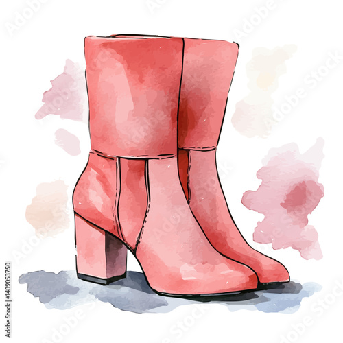 watercolor of Stylish Pair Of Boots With A Chunky Heel, vector high quality, isolated on a white background.