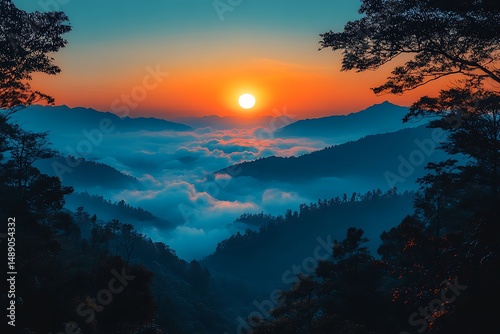 Sunrise over misty mountain valley