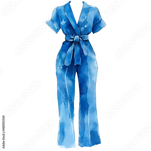 Stylish Jumpsuit With A Belted Waist, watercolor illustration vector, high quality, isolated on a white background.
